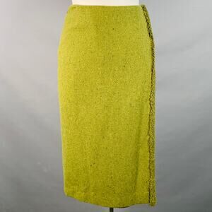 CHRIS BENZ Size 10 Green Wool Tweed Fringe Pencil Skirt